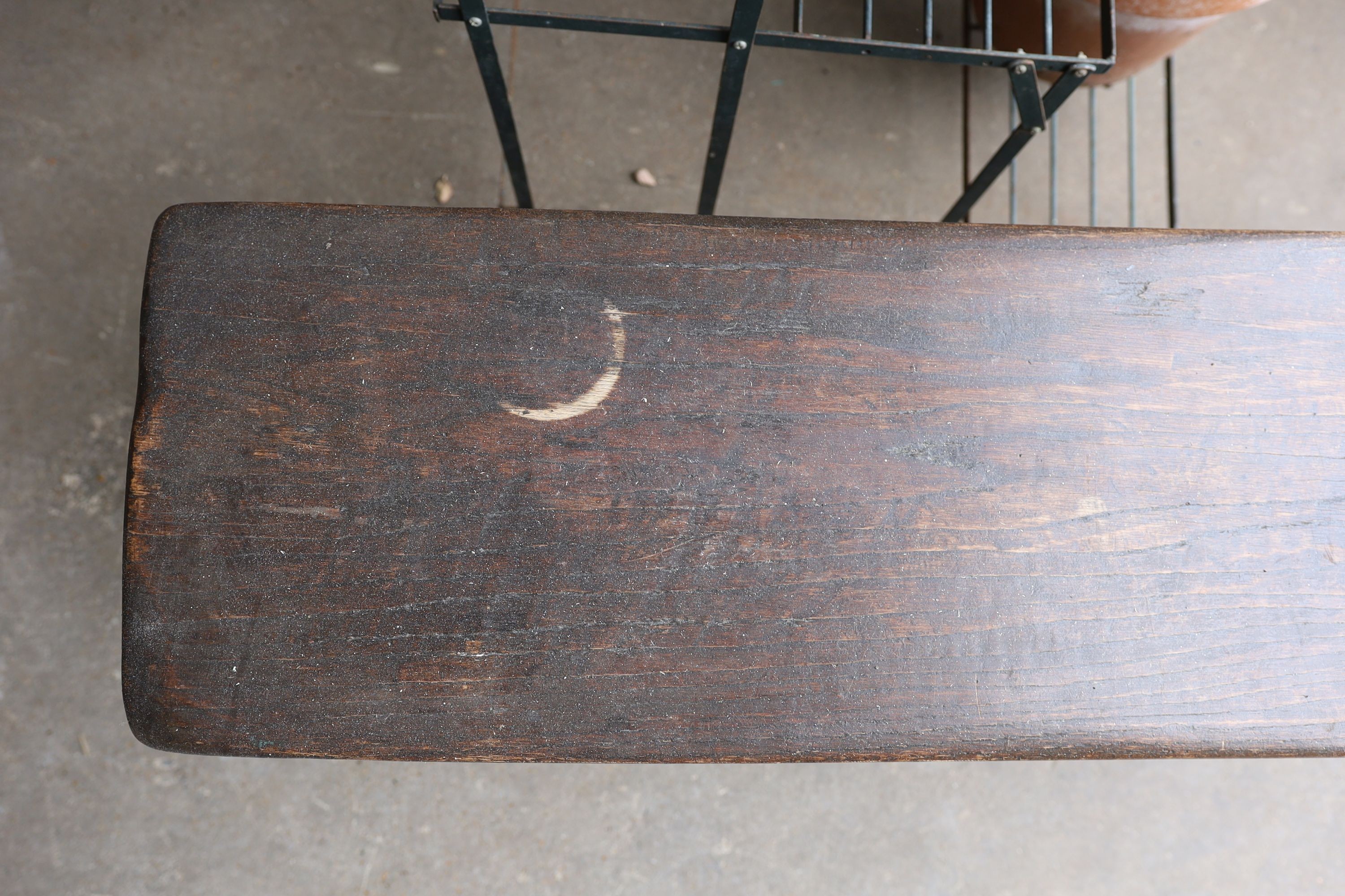 A pair of 17th century style carved oak New England benches, length 150cm, depth 28cm, height 46cm